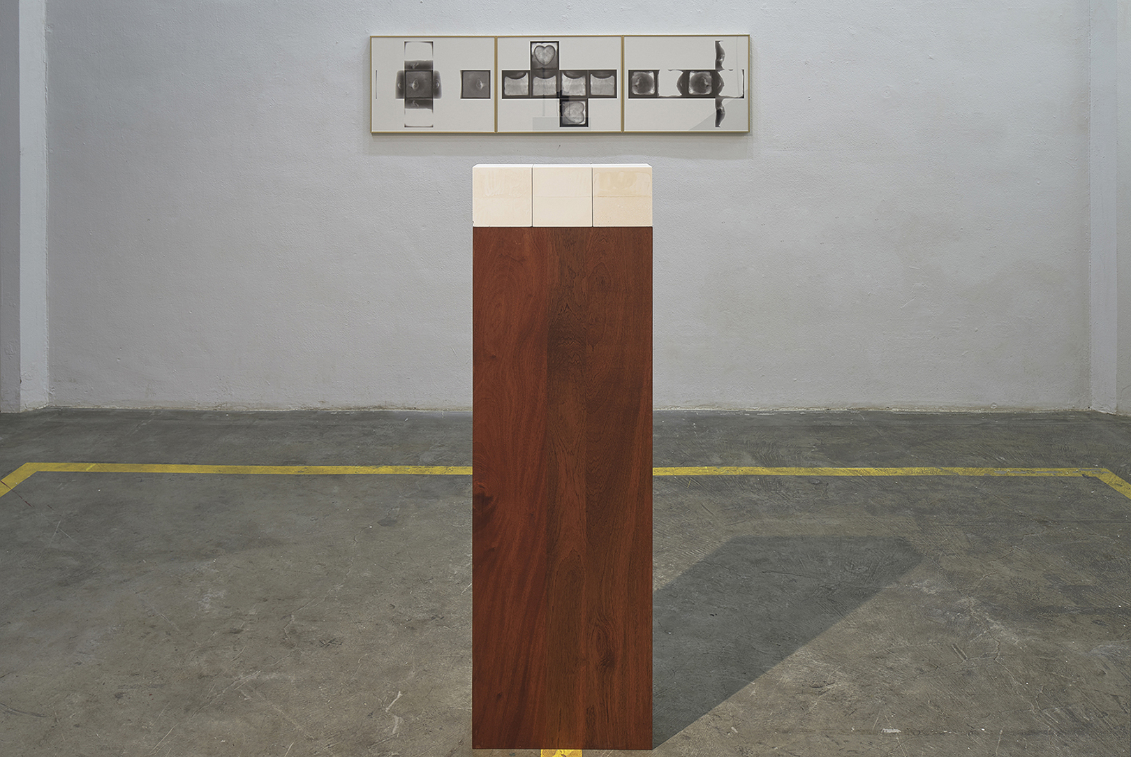 윤지영, 한 모서리의 길이가 약 15cm인 나무 입방체는 어떤 것들의 음각을 숨긴 석고가 되었다, 2018, 조각_강화석고, 사벨 나무, 사진_비파괴검사 액스레이, 149x149x14.9 cm